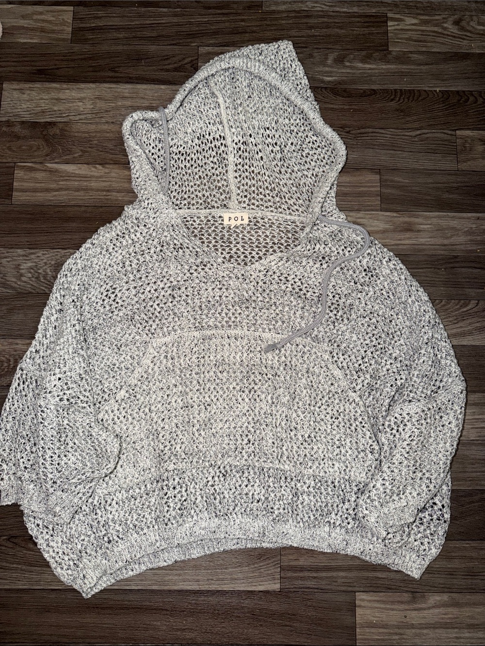 POL Open-Knit Hooded Sweater in Light Gray
